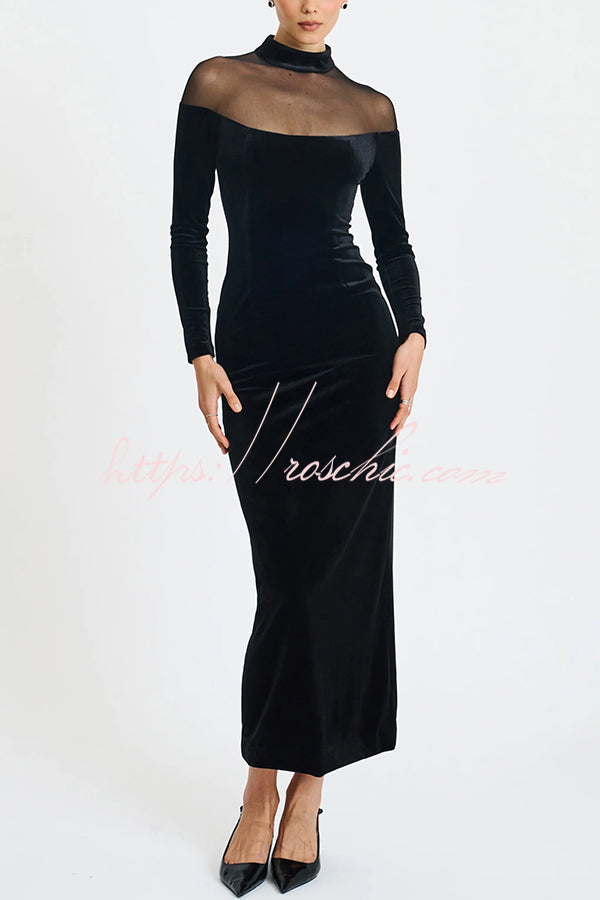 Fashionable Velvet and Mesh Spliced long-sleeved Slim-fit Maxi Dress