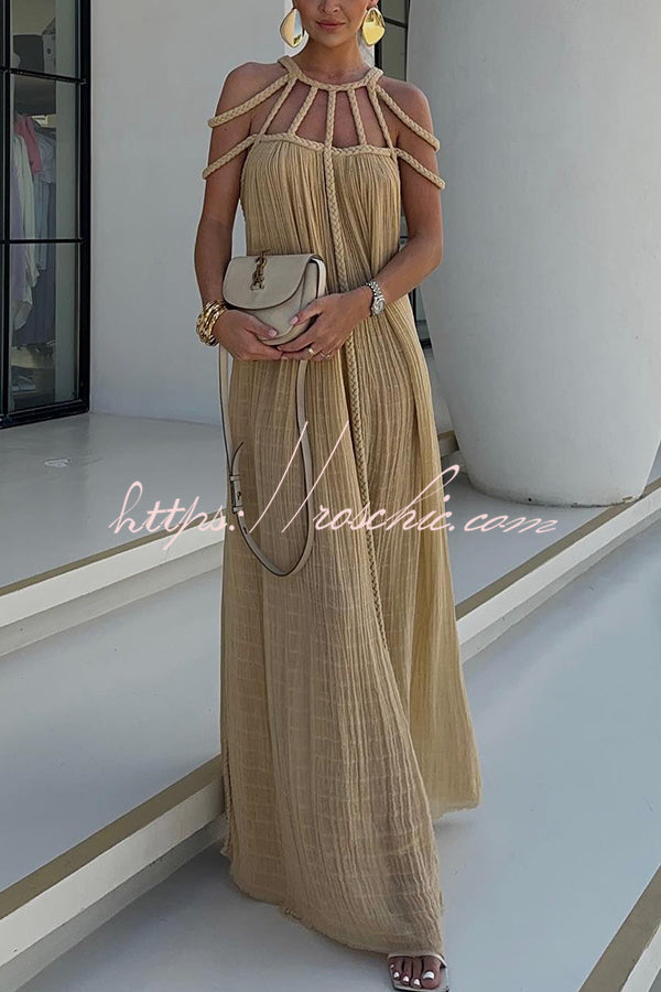 Modern and Sophisticated Linen Blend Draped Braids Cover Up Maxi Dress