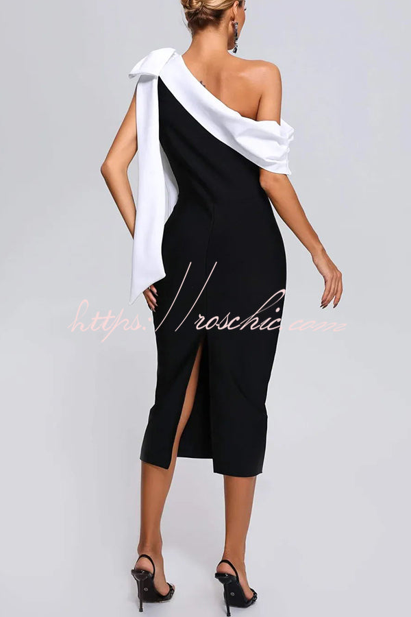 Elegant Evening Look One Shoulder Bandage Bow Stretch Midi Dress