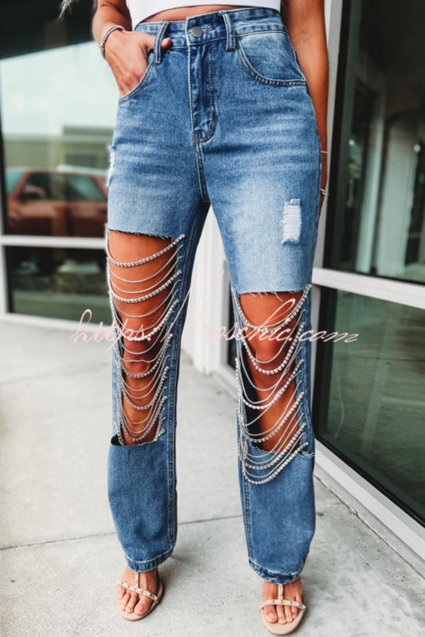 Casual Pocket Ripped Chain Embellished Straight Jeans