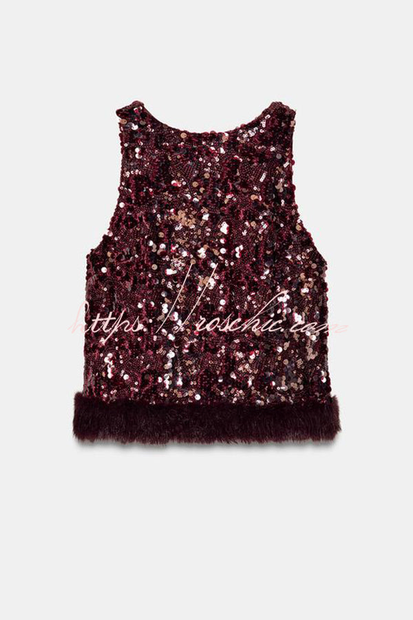 Gala Goddess Sequin Faux Fur Trim Crew Neck Sleeveless Loose Top