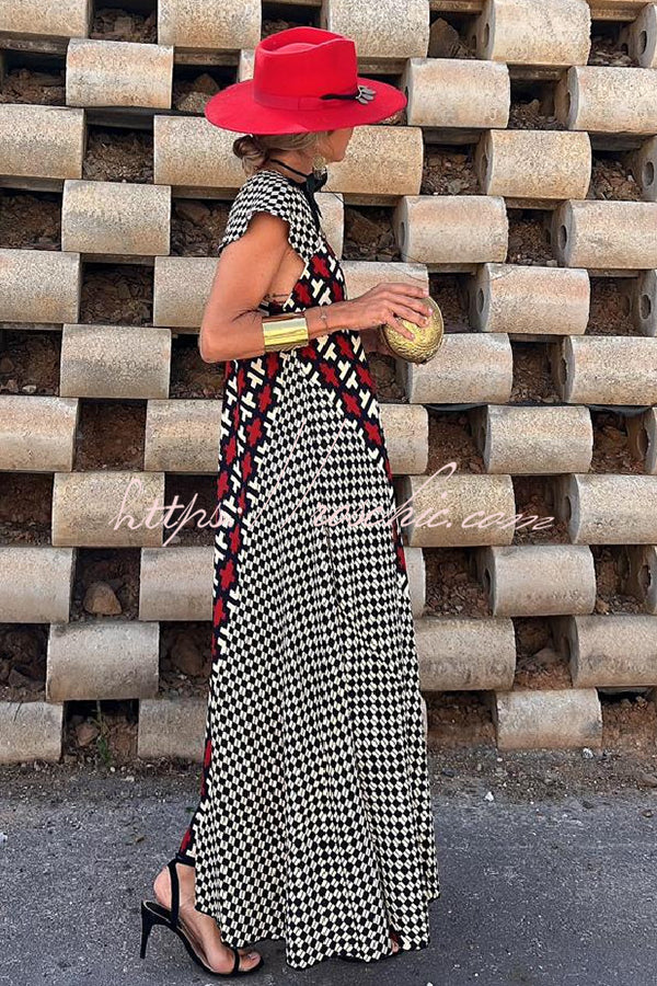 Fresh Breeze Ethnic Unique Print Ruffle Sleeve A-line Maxi Dress