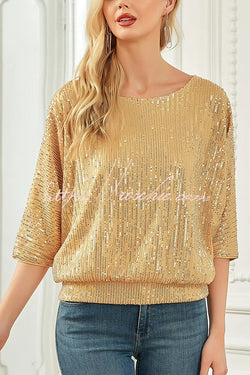 Solid Color Sequined Loose Round Neck Casual Top