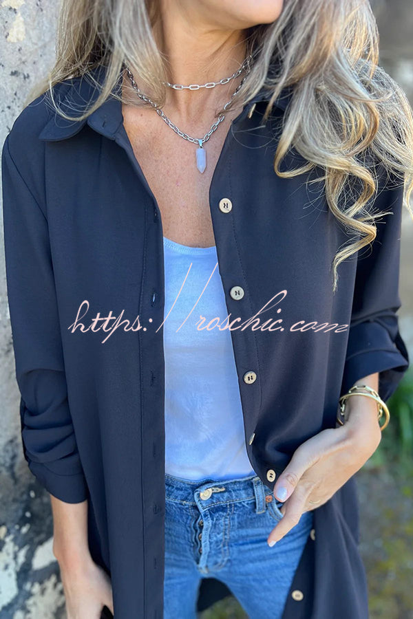 Solid Color Lapel Long Sleeve Button Casual Long Shirt