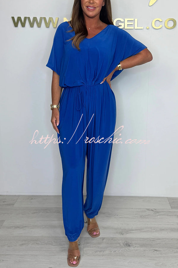 Solid Color V-neck Short-sleeved Waist-tied Loose Casual Jumpsuit