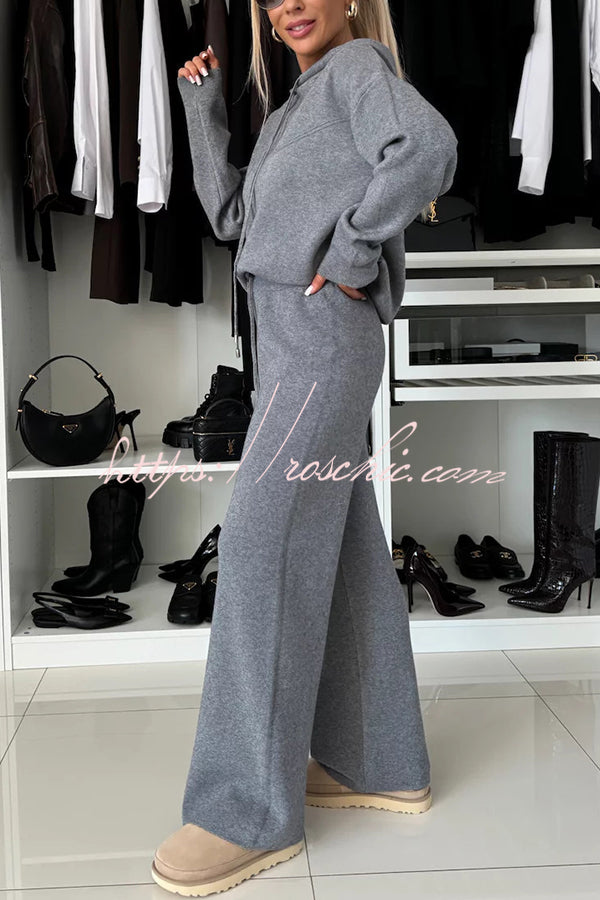 Solid Color Loose Hooded Tie Sweatshirt and Elastic Waist Casual Straight Pants Set