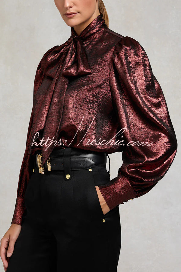 Ariella Metallic Satin Fabric Tie-up Bow Neck Long Sleeve Blouse