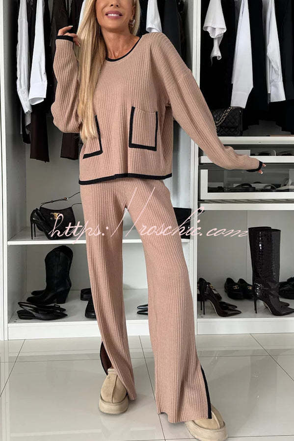 Warm Embrace Knit Ribbed Colorblock Trim Pocket Top and Stretch Slit Pants Set