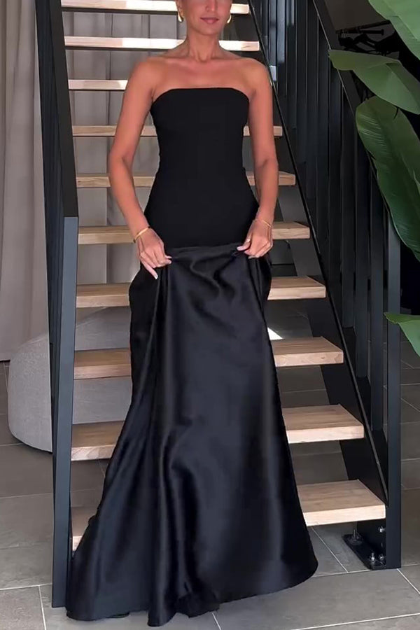 Timeless Elegance Satin Patchwork Strapless Flare Gown Maxi Dress, Black / S Timeless Elegance Satin Patchwork Strapless Flare Gown Maxi Dress, Black / S