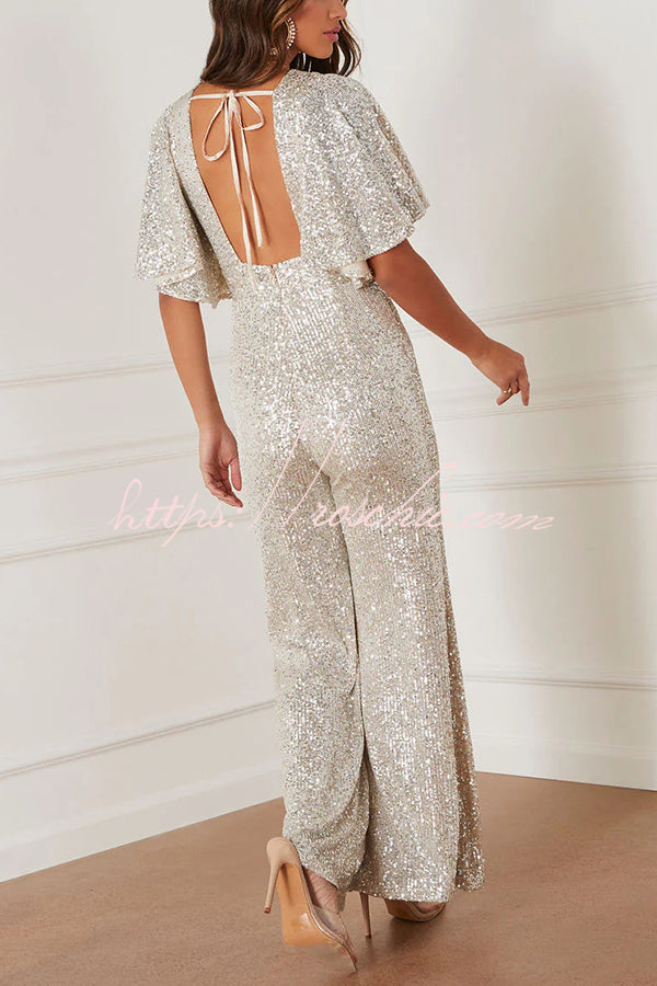 Trophy Wife Sequin Bell Sleeve Flare Stretch Jumpsuit