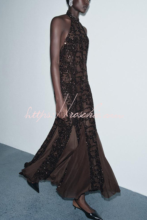 Twilight Gleam Sequin Textured Tulle Hem Halter Backless Maxi Dress