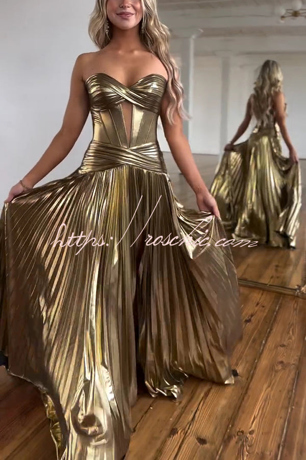 Dazzling Metallic Fabric Cross Strapless Cutout Slit Pleated Maxi Dress