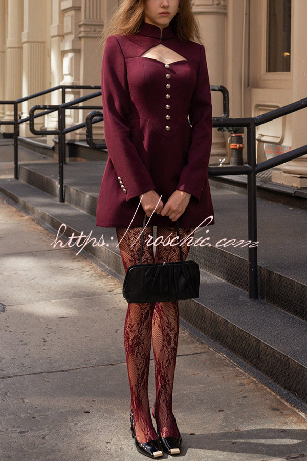 Elegant Long-sleeved Hollowed-out Button-down Slim-fit Mini Dress