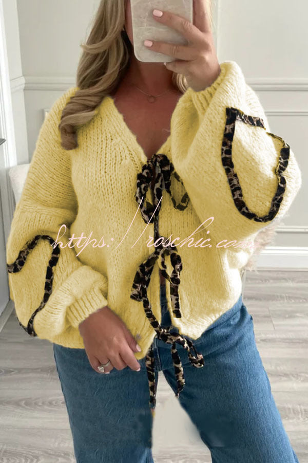 Fashionable Loose Long-sleeved Leopard Print Lace-up Knitted Sweater Cardigan