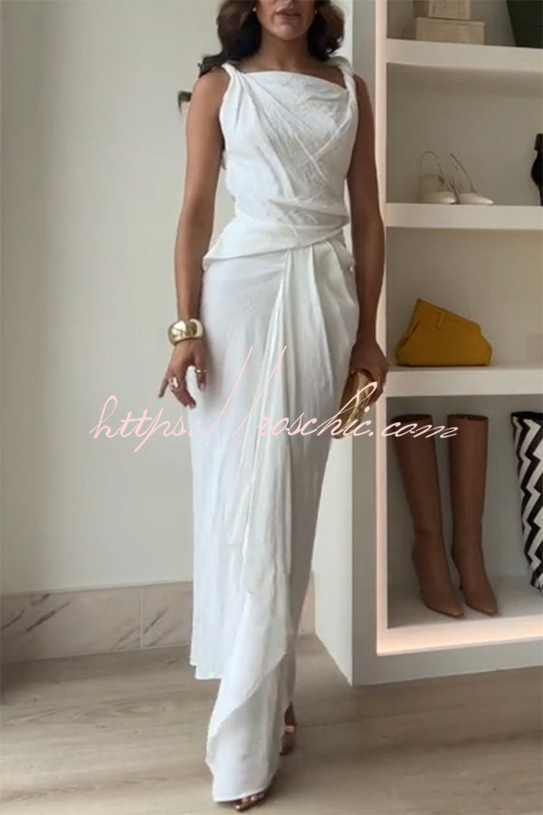 Sculptural Effect Linen Blend Twisted Shoulder Strap Drape Maxi Dress