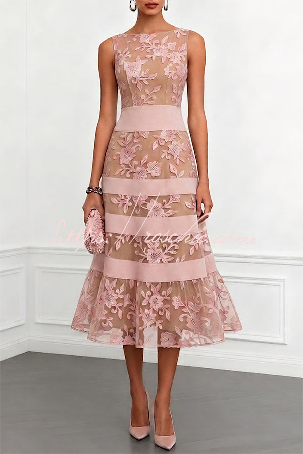 Rosmie Flower Mesh Lace Colorblock Boat Neck Sleeveless A-Line Midi D –  roschic