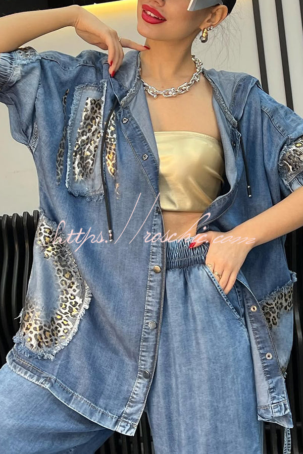 Fashion Loose Hooded Leopard Print Pocket Top and Casual Wide-leg Pants Set