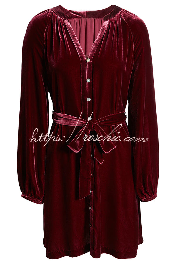 Solid Color Velvet Long-sleeved V-neck Lace-up Mini Dress