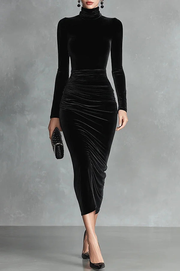 Solid Color Velvet Slim-fit Long-sleeved Elegant Pleated Midi Dress