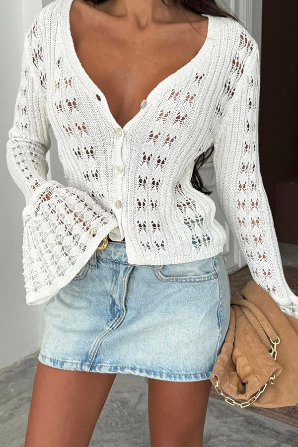 Fashion Hollow Button Long Sleeve V-neck Knitted Cardigan