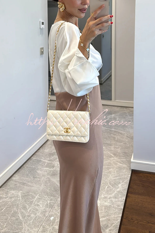 Lainei Contrast Color Satin Lace Trim V-neck Long Sleeve Maxi Dress