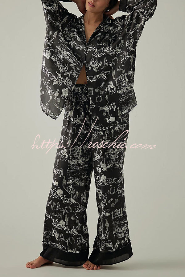 Unique Printed Lounge Long-sleeved Shirt and Elastic Waisted Baggy Pants Set