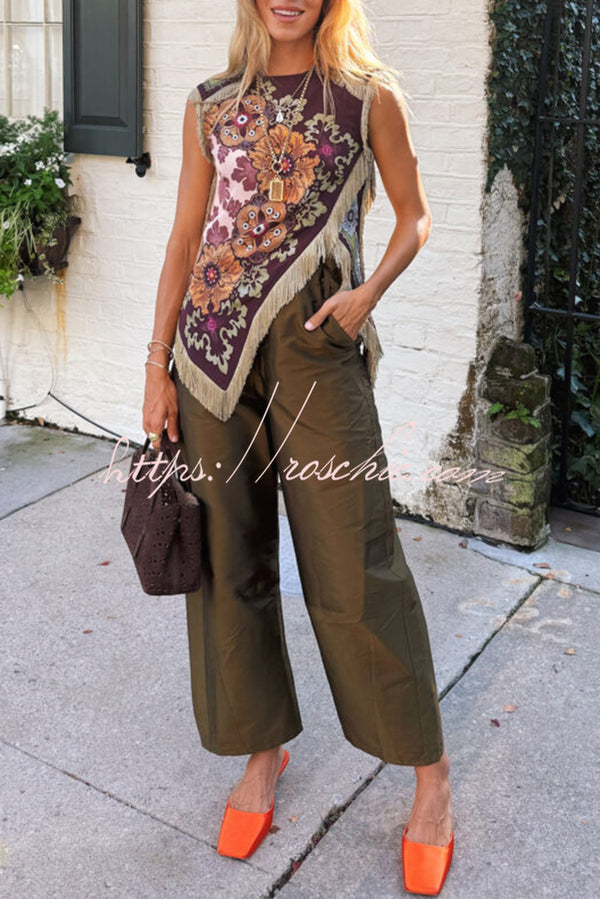 Stunning Floral Print Asymmetric Tassel Trim Scarf Top