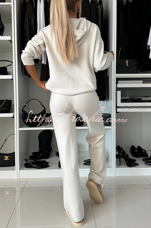 Solid Color Loose Hooded Tie Sweatshirt and Elastic Waist Casual Straight Pants Set