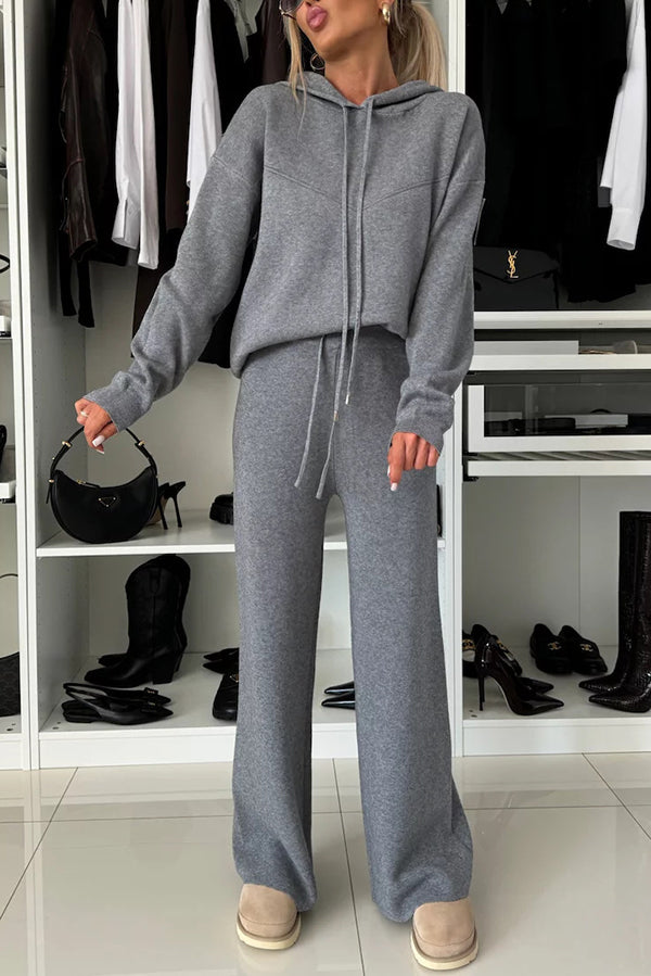 Solid Color Loose Hooded Tie Sweatshirt and Elastic Waist Casual Straight Pants Set