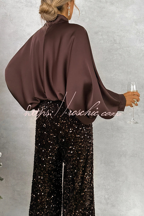 Chic and Merry Satin Bow Neck Batwing Sleeve Loose-fitting Blouse