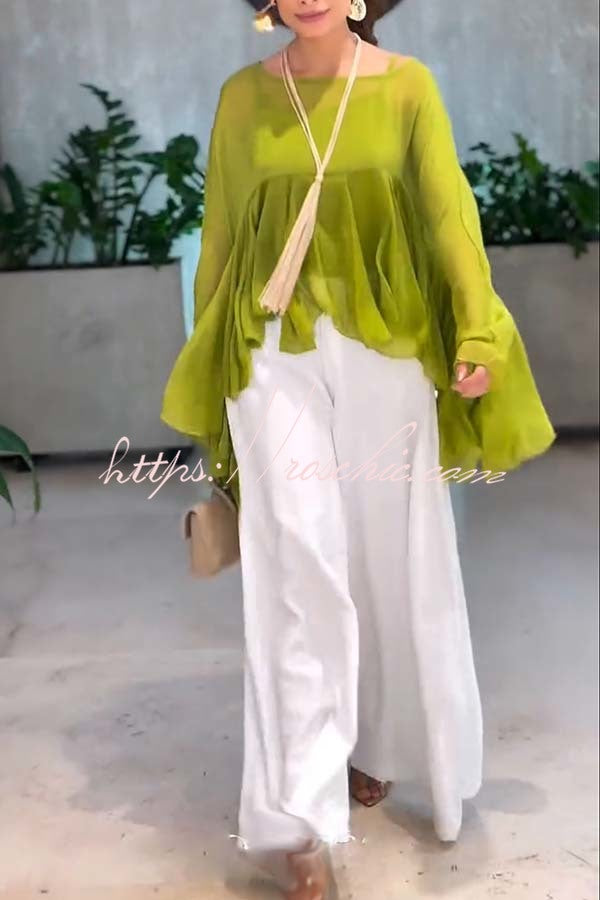 Romantic Journey Chiffon Ruffle Batwing Sleeve Top and Elastic Waist Pocket Loose Pants Set