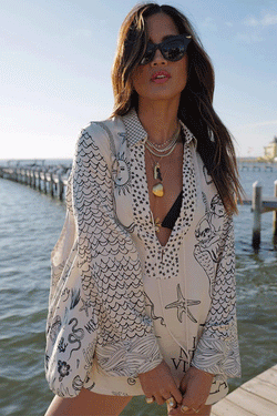 Live By Water Satin Unique Letter Print Tassle Shirt and Elastic Waist Shorts Set