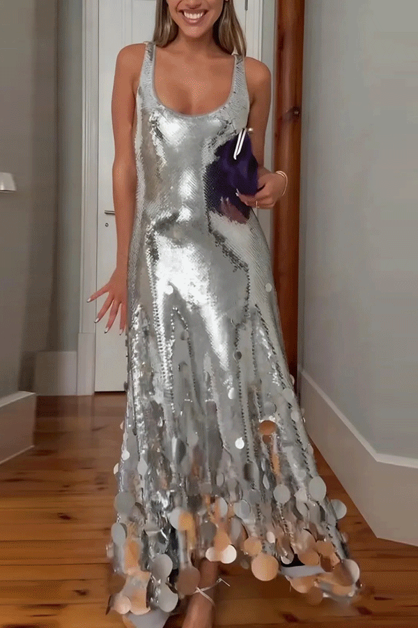 Party Tips Sequin Irregular Round Tassels Hem Back Cutout Tank Maxi Dress