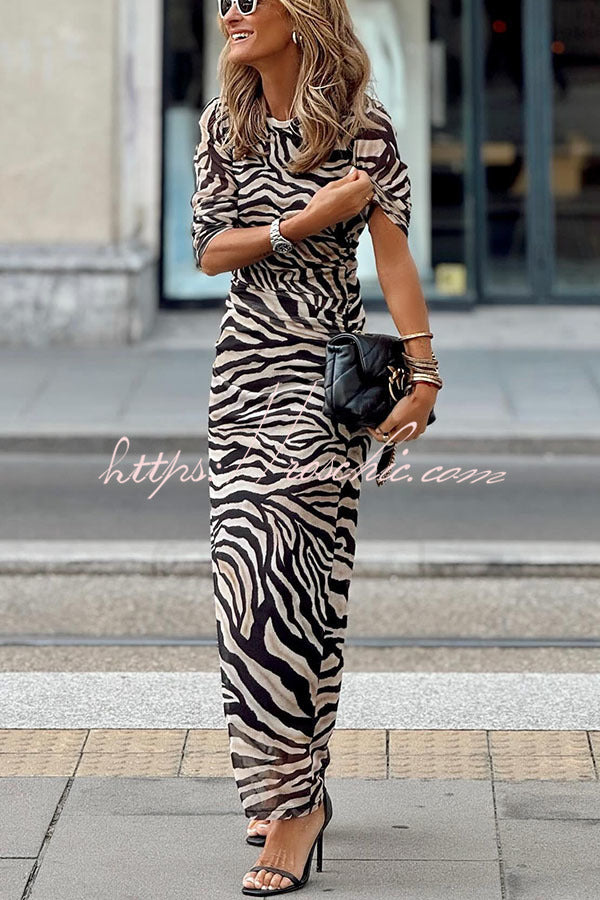 Natural Beauty Mesh Zebra Print Ruched Stretch Maxi Dress