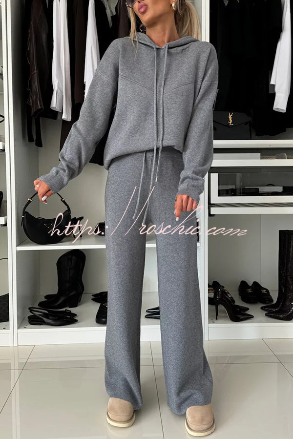 Solid Color Loose Hooded Tie Sweatshirt and Elastic Waist Casual Straight Pants Set