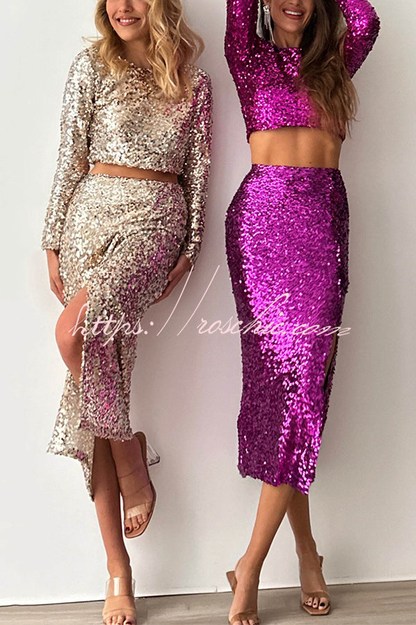 Solid Sequined Long-sleeved Crop Top and Sexy Slit Midi Skirt Set