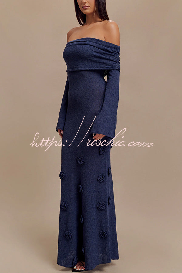 Timeless Sophistication Knit Off Shoulder Rose Detail Stretch Maxi Dress