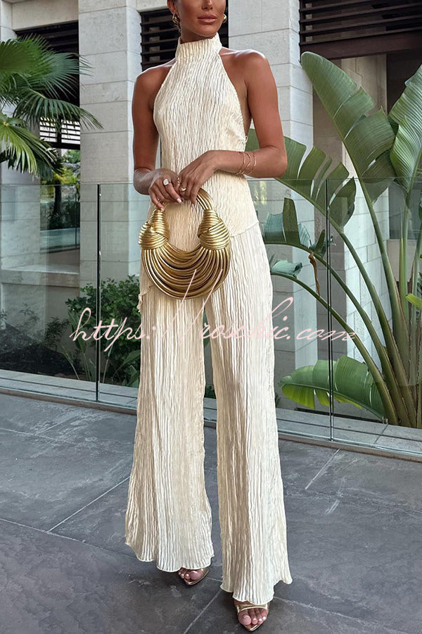 Charm and Charisma Texture Fabric Halter Neck Backless Tank and Elastic Waist Wide Leg Pants Suit