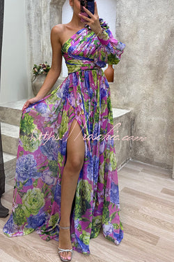 Let's Elope Floral Print Pleated One Shoulder Sleeve Slit Maxi Dress