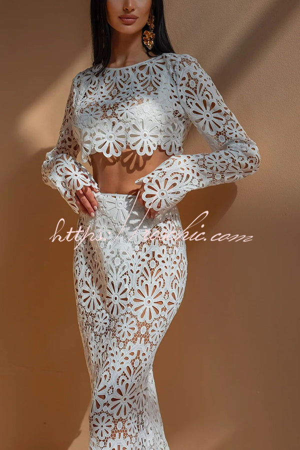 Balmy Summers Crochet Lace Floral Pattern Long Sleeve Crop Vacation Top