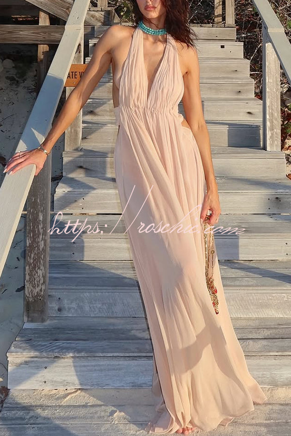 Ethereal Moment Tulle Cutout Ruched Waist Backless Halter Maxi Dress