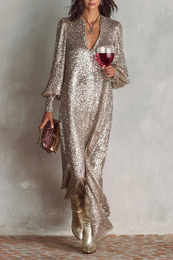 balloon sleeve party dress Minimalist Sparkling Sequin V-neck Long Balloon Sleeve Slit Party Max –  roschic