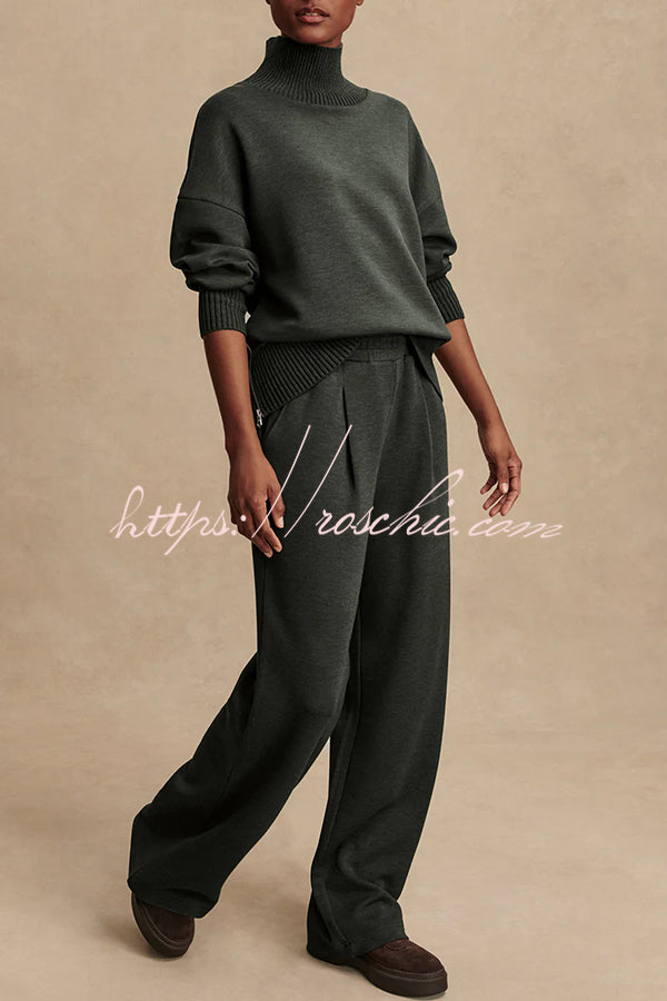 Barker High-Neck Long Sleeve Side Zipper Sweatshirt and Elastic Waist Pocketed Loose Pants Set (Shipped Within 24 Hours)