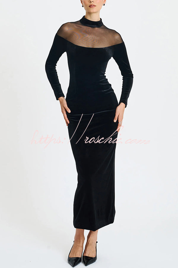 Fashionable Velvet and Mesh Spliced long-sleeved Slim-fit Maxi Dress