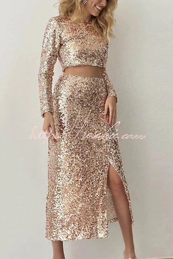 Solid Sequined Long-sleeved Crop Top and Sexy Slit Midi Skirt Set