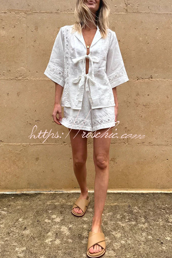 Celebrate Vacation Linen Blend Lace Splicing Tie-up Shirt and Elastic Waist Pocketed Shorts Set