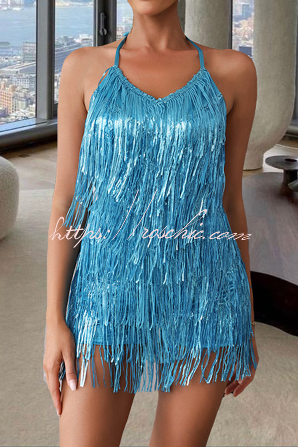 Shiny Sexy Halterneck Backless Lace-up Fringed Sequin Rompers