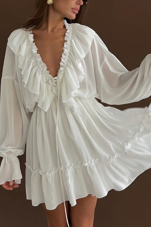 long sleeve vacation dress Solid Color V-neck Ruffled Ruched Long-sleeved Vacation Mini Dress – roschic