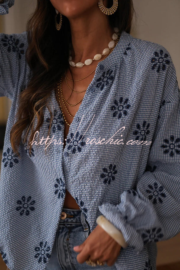 Fashionable Embroidered Floral Casual Long-Sleeved Loose Top