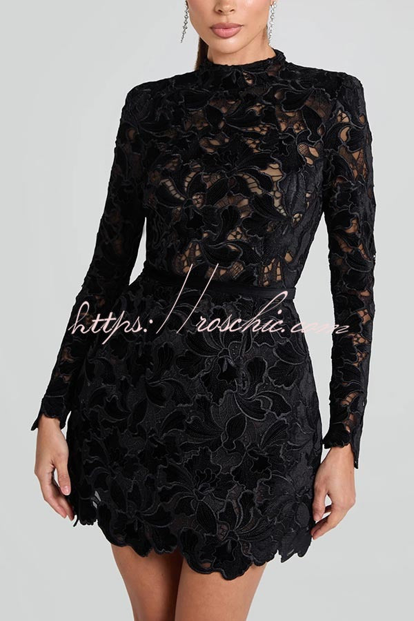 Lydia Embroidered Floral Lace Long Sleeve Belt Tulip Shaped Mini Dress